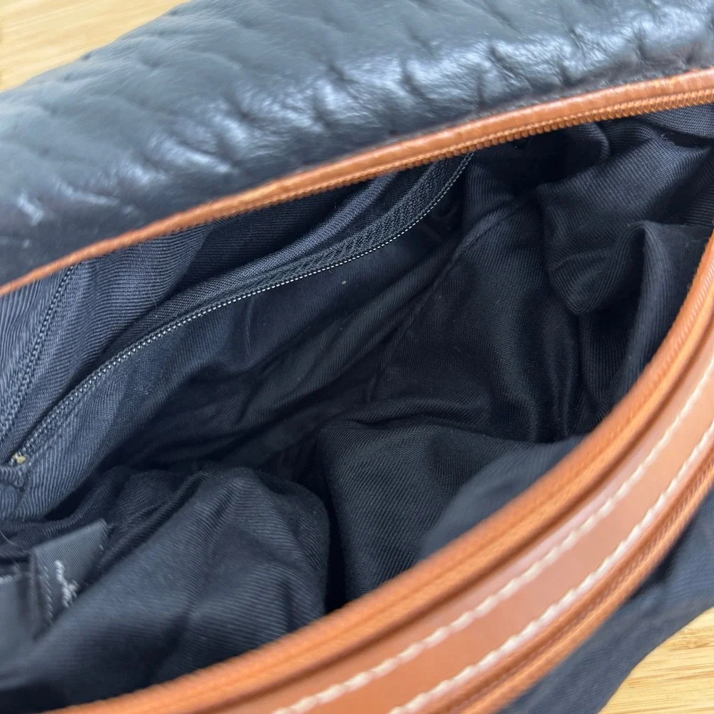 VTG! Saddle River Black Textured Leather‎ Shoulder Bag Hobo Purse Made in Macau